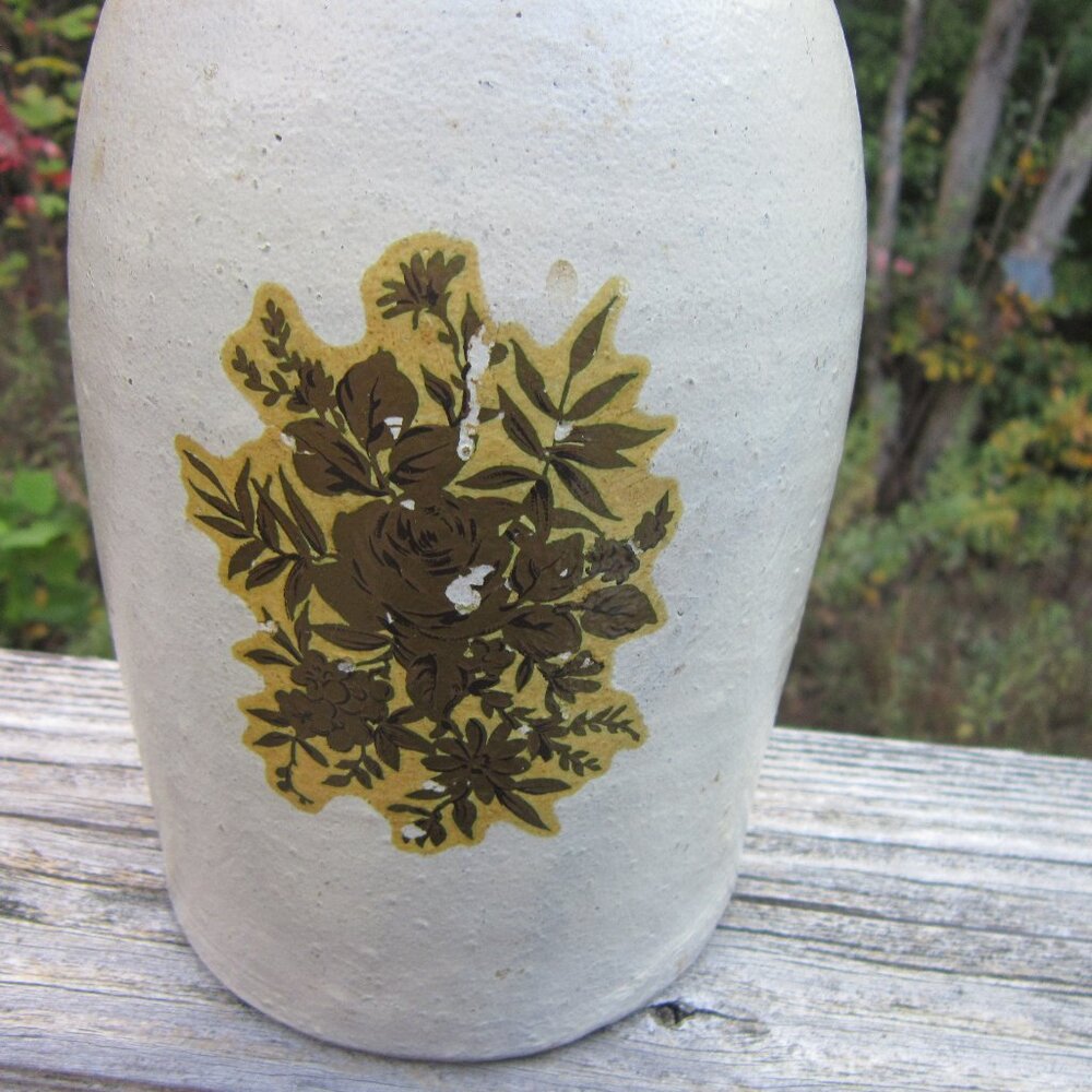 Antique Stoneware Crock Cream with Flower Decal 8 3/4" Tall Approx. Rustic Farm